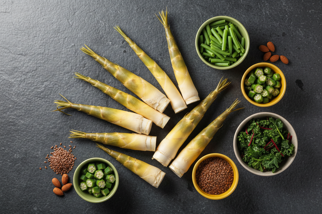 Fresh bamboo shoots arranged in a nutrition editorial flat-lay — Kawayan Farm Gourmet Labong
