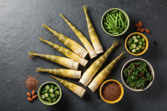 Fresh bamboo shoots arranged in a nutrition editorial flat-lay — Kawayan Farm Gourmet Labong