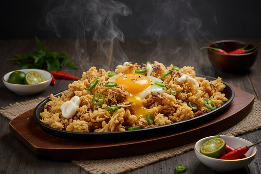 Bamboo shoot sisig served on a sizzling cast-iron plate, chopped labong coated in golden crispy batter with char edges, topped with a cracking raw egg, sliced green chilies, and a dollop of mayonnaise, with steam rising — Kawayan Farm Gourmet Labong