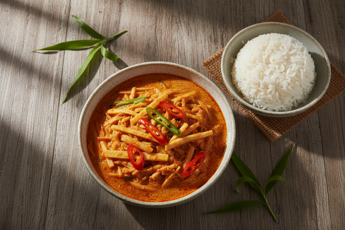 Bicol Express Labong served in a ceramic bowl — bamboo shoot strips in glossy red-orange coconut chili sauce, garnished with sliced red and green chilies, with steamed white rice on the side