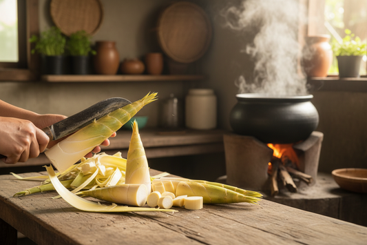 Fresh bamboo shoots being peeled and prepared — proper boiling makes labong completely safe to eat