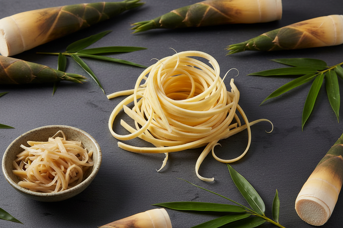 Fresh pale yellow bamboo shoot strips and whole bamboo shoots arranged on a dark slate surface with green bamboo leaves — wellness hero shot for labong health benefits