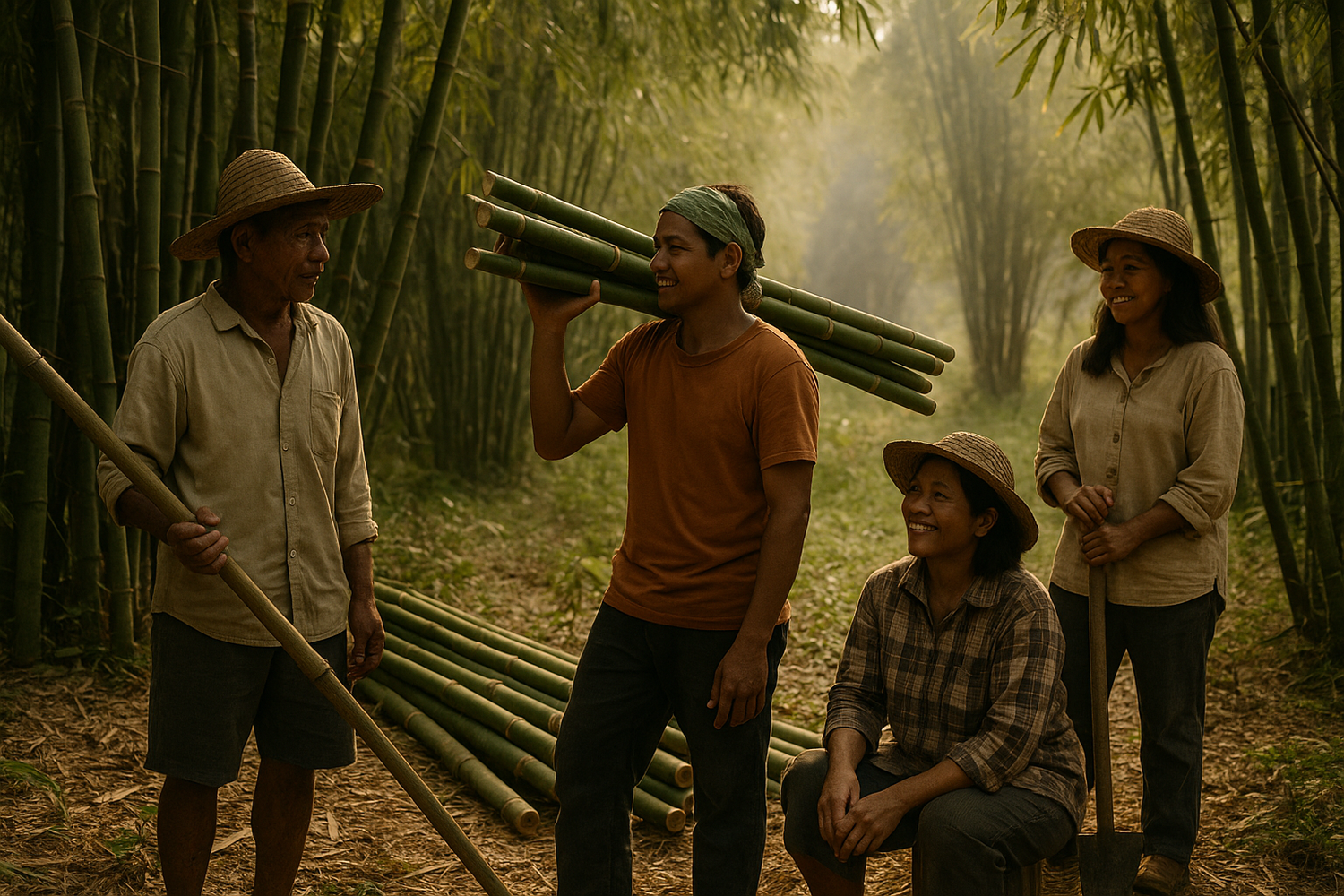 Filipino farmers in bamboo fields